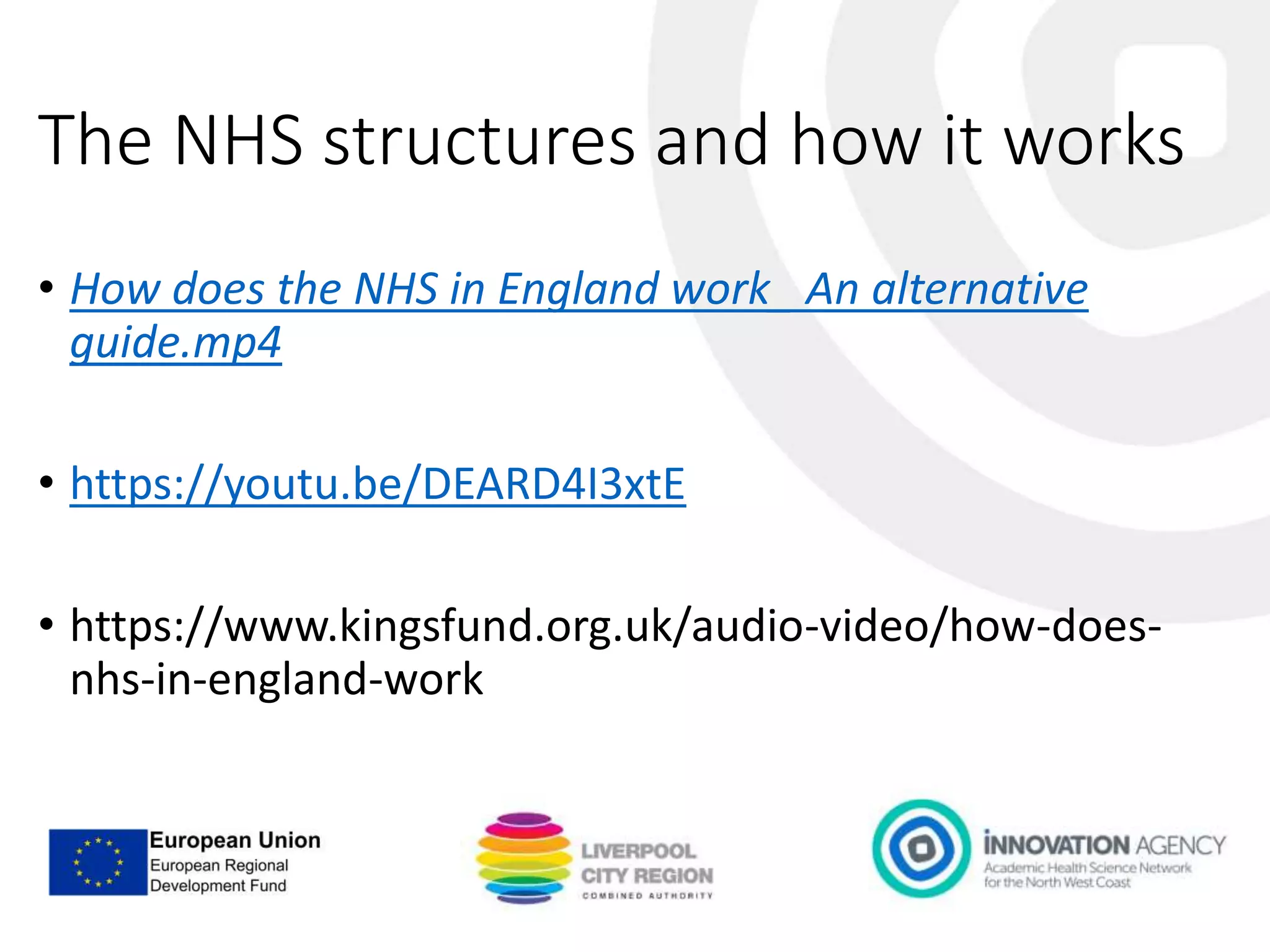 The NHS structures and how it works
• How does the NHS in England work_ An alternative
guide.mp4
• https://youtu.be/DEARD4I3xtE
• https://www.kingsfund.org.uk/audio-video/how-does-
nhs-in-england-work
 