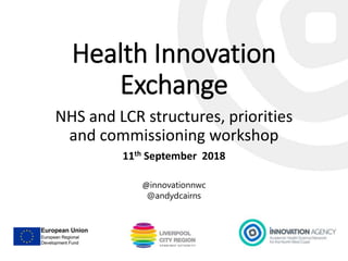 Health Innovation
Exchange
NHS and LCR structures, priorities
and commissioning workshop
11th September 2018
@innovationnwc
@andydcairns
 