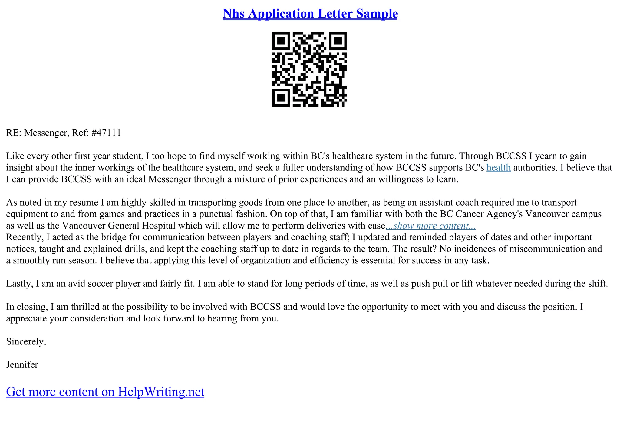 Nhs Application Letter Sample PPT
