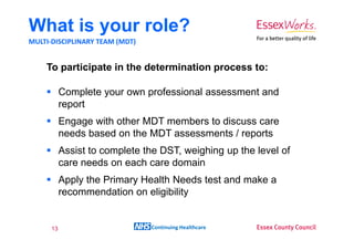 What is your role?
MULTI-DISCIPLINARY TEAM (MDT)


    To participate in the determination process to:

           Complete your own professional assessment and
           report
           Engage with other MDT members to discuss care
           needs based on the MDT assessments / reports
           Assist to complete the DST, weighing up the level of
           care needs on each care domain
           Apply the Primary Health Needs test and make a
           recommendation on eligibility


      13                        Continuing Healthcare
 