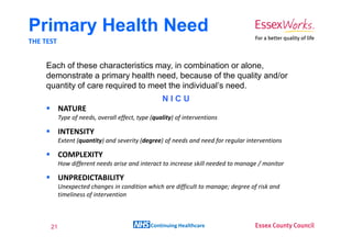 Primary Health Need
THE TEST


     Each of these characteristics may, in combination or alone,
     demonstrate a primary health need, because of the quality and/or
     quantity of care required to meet the individual’s need.
                                                   NICU
           NATURE
           Type of needs, overall effect, type (quality) of interventions

           INTENSITY
           Extent (quantity) and severity (degree) of needs and need for regular interventions

           COMPLEXITY
           How different needs arise and interact to increase skill needed to manage / monitor

           UNPREDICTABILITY
           Unexpected changes in condition which are difficult to manage; degree of risk and
           timeliness of intervention



      21                                       Continuing Healthcare
 