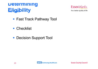 Determining
Eligibility
THE TOOLS


       Fast Track Pathway Tool

       Checklist

       Decision Support Tool




  23                 Continuing Healthcare
 