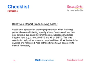 Checklist
EXERCISE 4




    Behaviour Report (from nursing notes):

    Occasional episodes of challenging behaviour when providing
    personal care and toileting; usually shouts “leave me alone”; has
    only thrown a cup once; never strikes out. Episodes much less
    frequent now, e.g. x1 on 24/05/10 and x1 on 5/6/10. This was
    contributed to by other issues on ward and time. Mr W. is able to be
    diverted and reassured. Also at these times he will accept PRN
    meds if necessary.




     35                         Continuing Healthcare
 