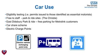 Car Use
• Eligibility testing (i.e. permits issued to those identified as essential motorists)
• Free to staff - park & ride sites (The Christie)
• East Didsbury Park & ride – free parking for Metrolink customers
• Car share scheme
• Electric Charge Points
 