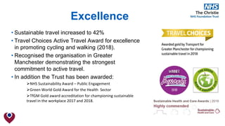 Excellence
• Sustainable travel increased to 42%
• Travel Choices Active Travel Award for excellence
in promoting cycling and walking (2018).
• Recognised the organisation in Greater
Manchester demonstrating the strongest
commitment to active travel.
• In addition the Trust has been awarded:
NHS Sustainability Award – Public Engagement
Green World Gold Award for the Health Sector
TfGM Gold award accreditation for championing sustainable
travel in the workplace 2017 and 2018.
 