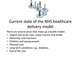 Current state of the NHS healthcare
delivery model
There are several areas that make up a health model:
• Urgent and acute...