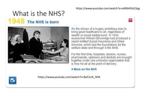 What is the NHS?
https://www.youtube.com/watch?v=BaF2s3t_NYA
https://www.youtube.com/watch?v=ebRbHDzG3pg
 