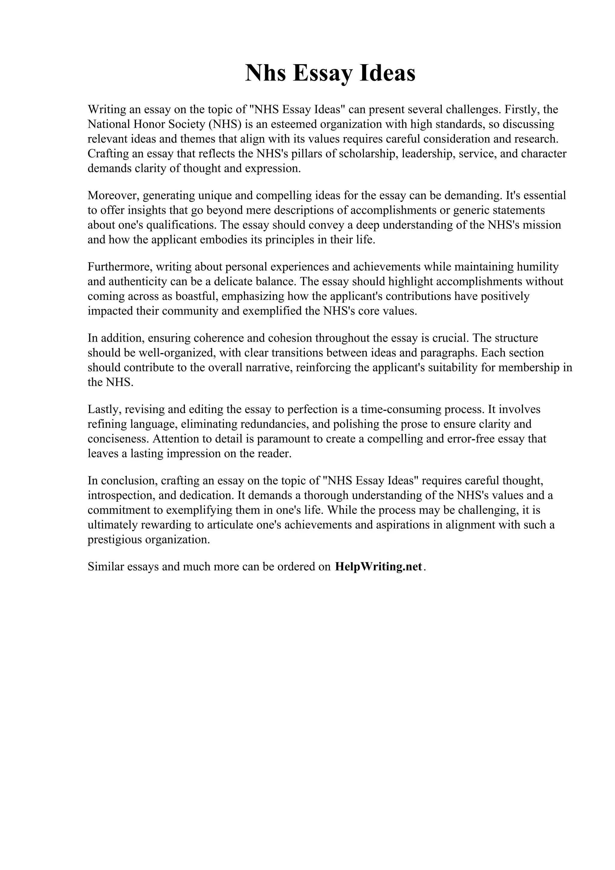 Nhs Essay Ideas. Nhs essay examples. How I Exhibit the Four Pillars of