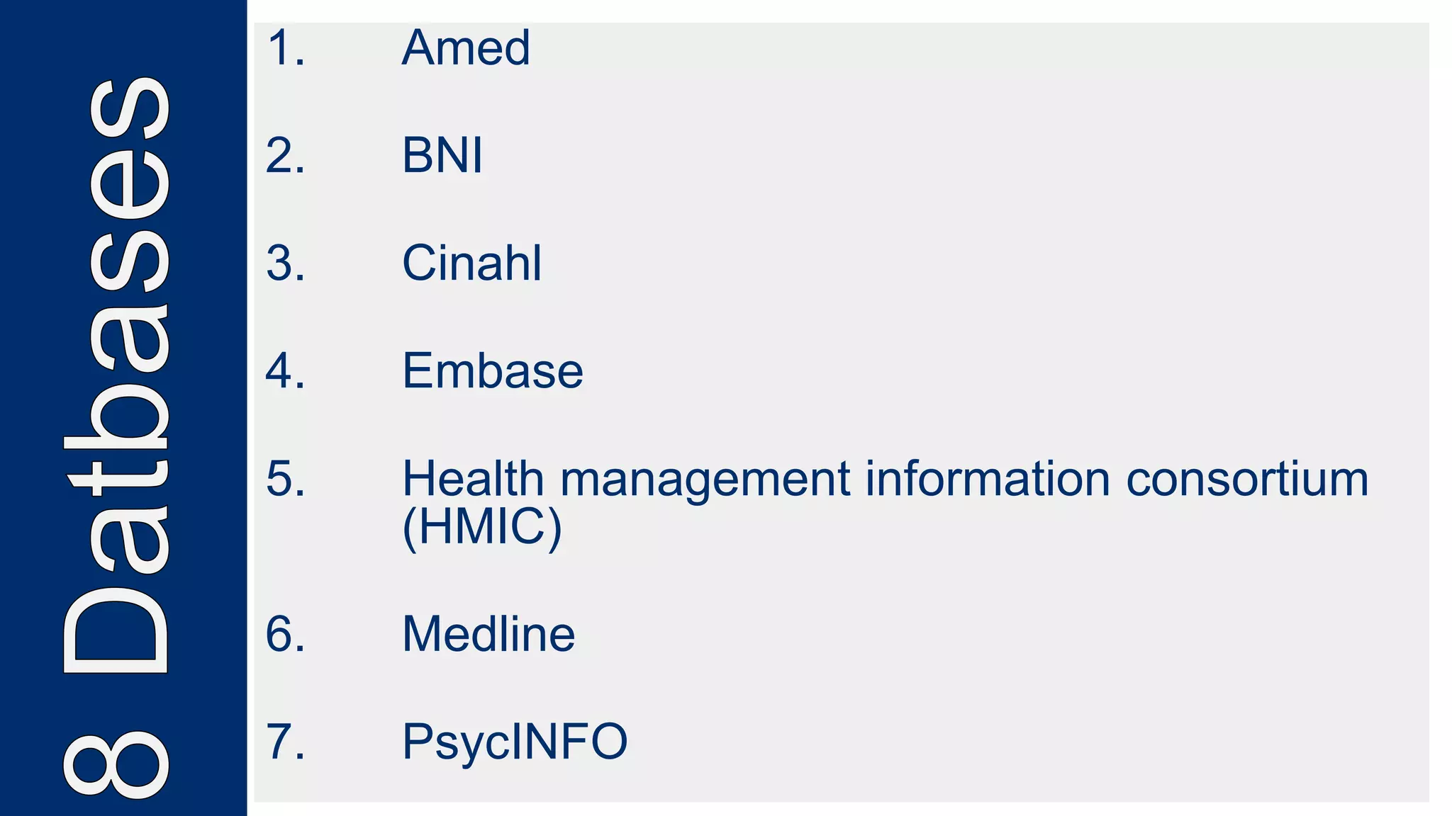 1. Amed
2. BNI
3. Cinahl
4. Embase
5. Health management information consortium
(HMIC)
6. Medline
7. PsycINFO
 