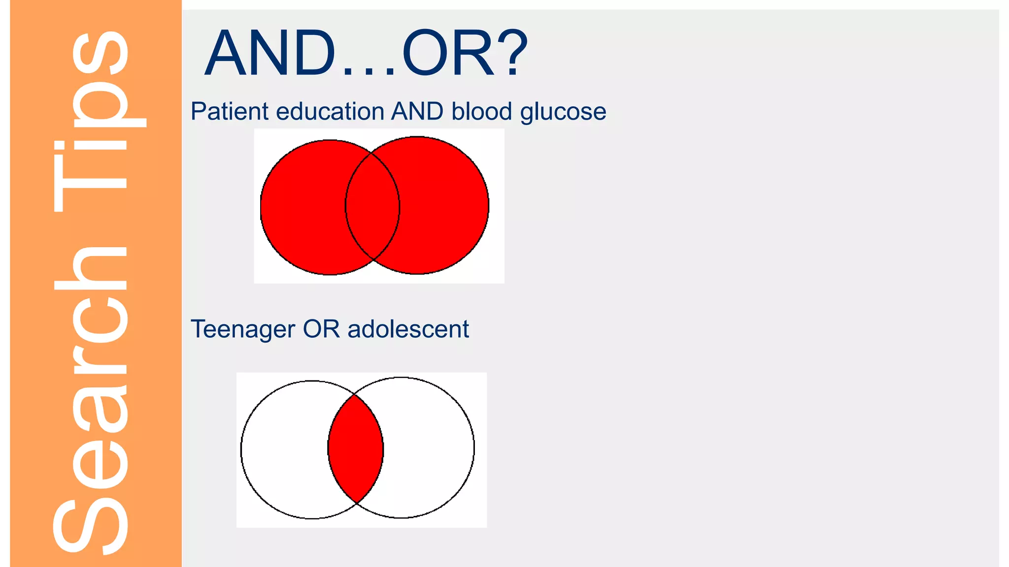 SearchTips
AND…OR?
Patient education AND blood glucose
Teenager OR adolescent
 