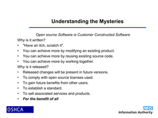 Understanding the Mysteries
Open source Software is Customer Constructed Software
Why is it written?
• "Have an itch, scratch it".
• You can achieve more by modifying an existing product.
• You can achieve more by reusing existing source code.
• You can achieve more by working together.
Why is it released?
• Released changes will be present in future versions.
• To comply with open source licenses used.
• To gain future benefits from other users.
• To establish a standard.
• To sell associated services and products.
• For the benefit of all
 