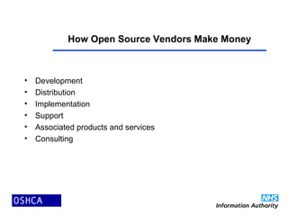 How Open Source Vendors Make Money
• Development
• Distribution
• Implementation
• Support
• Associated products and services
• Consulting
 