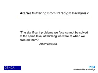 Are We Suffering From Paradigm Paralysis?
"The significant problems we face cannot be solved
at the same level of thinking we were at when we
created them."
Albert Einstein
 