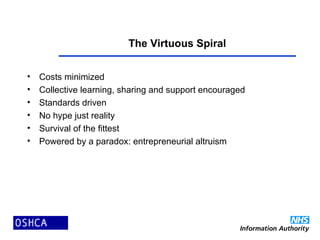 The Virtuous Spiral
• Costs minimized
• Collective learning, sharing and support encouraged
• Standards driven
• No hype just reality
• Survival of the fittest
• Powered by a paradox: entrepreneurial altruism
 
