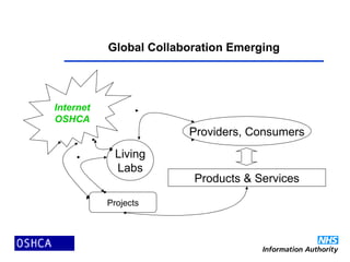Global Collaboration Emerging
Products & Services
Living
Labs
Providers, Consumers
Internet
OSHCA
Projects
 