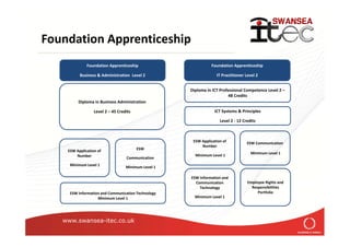 www.swansea-itec.co.uk
Foundation Apprenticeship
Foundation Apprenticeship
Business & Administration Level 2
Diploma in Business Administration
Level 2 – 45 Credits ICT Systems & Principles
Level 2 - 12 Credits
Diploma in ICT Professional Competence Level 2 –
48 Credits
Employee Rights and
Responsibilities
Portfolio
ESW Information and
Communication
Technology
Minimum Level 1
ESW Application of
Number
Minimum Level 1
ESW Communication
Minimum Level 1
Foundation Apprenticeship
IT Practitioner Level 2
Employee Rights and
Responsibilities
Portfolio
ESW Information and
Communication
Technology
Minimum Level 1
ESW Application of
Number
Minimum Level 1
ESW Communication
Minimum Level 1
 