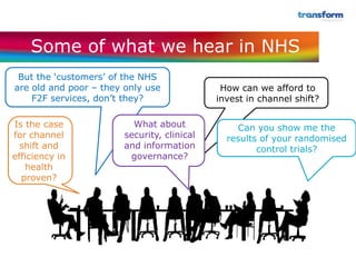 Some of what we hear in NHS
 But the ‘customers’ of the NHS
are old and poor – they only use              How can we afford to
    F2F services, don’t they?                invest in channel shift?

Is the case               What about             Can you show me the
for channel             security, clinical     results of your randomised
  shift and             and information               control trials?
efficiency in            governance?
   health
  proven?
 