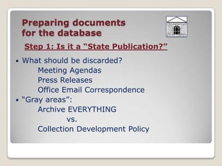 Fugitive documents?The Solution A Web PortalContent management systemDigital ArchivingFiles type agnosticFull-text vs. controlled searching?PTFS (Progressive Technologies Federal Systems)