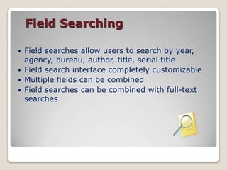  How the Spider worksA separate “spider” is created for each agencyA seed url (the agency’s homepage) is assignedFilters are added:  URL and File FormatSpider software checks to see if files are new or modified since date the software last ranCould add images from spider software