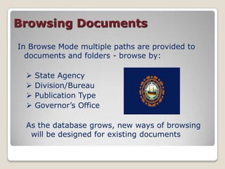 Preparing documents for the databaseStep 1: Is it a “State Publication?”What should be discarded?		Meeting Agendas		Press Releases		Office Email Correspondence“Gray areas”: 		Archive EVERYTHING		           vs.		Collection Development Policy