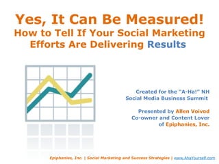 Yes, It Can Be Measured! How to Tell If Your Social Marketing Efforts Are Delivering  Results  Created for the “A-Ha!” NH Social Media Business Summit  Presented by  Allen Voivod Co-owner and Content Lover of  Epiphanies, Inc. Epiphanies, Inc. | Social Marketing and Success Strategies |  www.AhaYourself.com 
