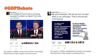 #GOPDebate
O’Laughlin, L (2015). @marcorubio [Twitter homepage].
Retrieved from https://twitter.com/marcorubio
O’Laughlin, L (2015). @HillaryClinton [Twitter homepage].
Retrieved from https://twitter.com/HillaryClinton
 