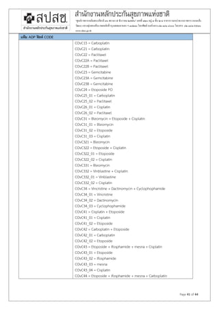 Page 41 of 44
“ศูนย์ราชการเฉลิมพระเกียรติ ๘๐ พรรษา๕ ธันวาคม ๒๕๕๐” เลขที่ ๑๒๐ หมู่ ๓ชั้น ๒-๔ อาคารรวมหน่วยงานราชการ ถนนแจ้ง
วัฒนะแขวงทุ่งสองห้องเขตหลักสี่ กรุงเทพมหานคร ฯ ๑๐๒๑๐โทรศัพท์เบอร์กลาง ๐๒ ๑๔๑ ๔๐๐๐โทรสาร ๐๒ ๑๔๓๙๗๓๐
www.nhso.go.th
แฟ้ม ADP ฟิลด์ CODE
COvC15 = Carboplatin
COvC21 = Carboplatin
COvC22 = Paclitaxel
COvC22A = Paclitaxel
COvC22B = Paclitaxel
COvC23 = Gemcitabine
COvC23A = Gemcitabine
COvC23B = Gemcitabine
COvC24 = Etoposide PO
COvC25_01 = Carboplatin
COvC25_02 = Paclitaxel
COvC26_01 = Cisplatin
COvC26_02 = Paclitaxel
COvC31 = Bleomycin + Etoposide + Cisplatin
COvC31_01 = Bleomycin
COvC31_02 = Etoposide
COvC31_03 = Cisplatin
COvC321 = Bleomycin
COvC322 = Etoposide + Cisplatin
COvC322_01 = Etoposide
COvC322_02 = Cisplatin
COvC331 = Bleomycin
COvC332 = Vinblastine + Cisplatin
COvC332_01 = Vinblastine
COvC332_02 = Cisplatin
COvC34 = Vincristine + Dactinomycin + Cyclophophamide
COvC34_01 = Vincristine
COvC34_02 = Dactinomycin
COvC34_03 = Cyclophophamide
COvC41 = Cisplatin + Etoposide
COvC41_01 = Cisplatin
COvC41_02 = Etoposide
COvC42 = Carboplatin + Etoposide
COvC42_01 = Carboplatin
COvC42_02 = Etoposide
COvC43 = Etoposide + Ifosphamide + mesna + Cisplatin
COvC43_01 = Etoposide
COvC43_02 = Ifosphamide
COvC43_03 = mesna
COvC43_04 = Cisplatin
COvC44 = Etoposide + Ifosphamide + mesna + Carboplatin
 