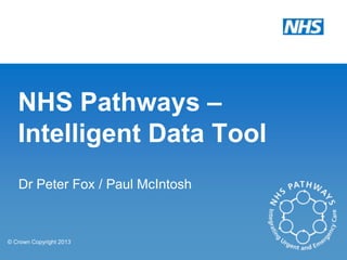 NHS Pathways –
Intelligent Data Tool
Dr Peter Fox / Paul McIntosh

© Crown Copyright 2013

 