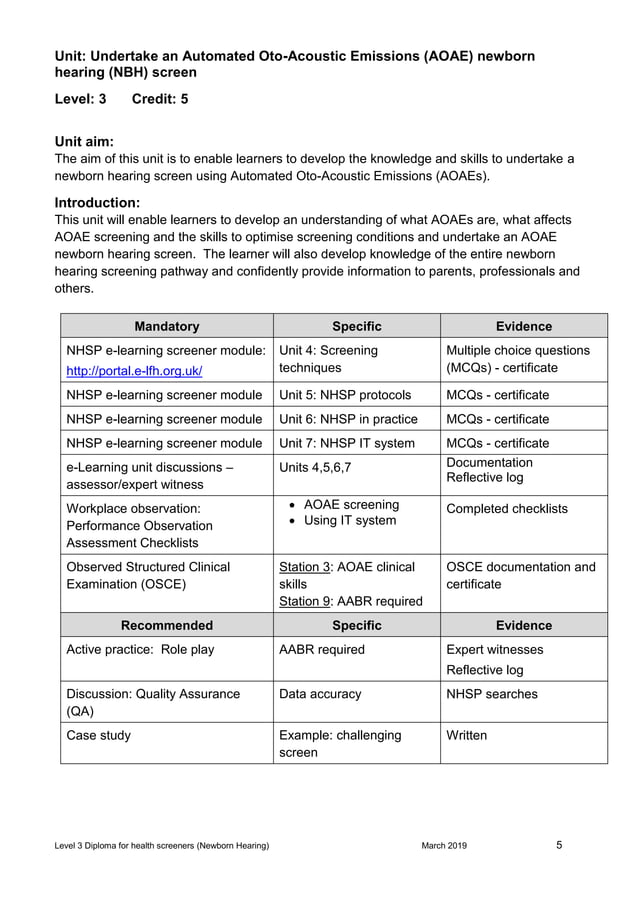 NHSP health screener diploma observation checklists March 2019