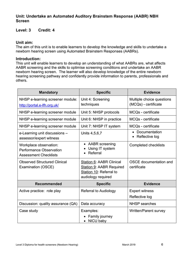 NHSP health screener diploma observation checklists March 2019