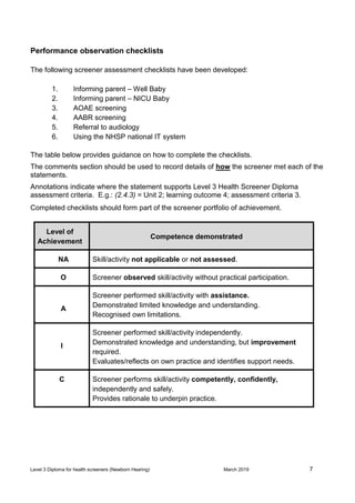 Level 3 Diploma for health screeners (Newborn Hearing) March 2019 7
Performance observation checklists
The following scree...
