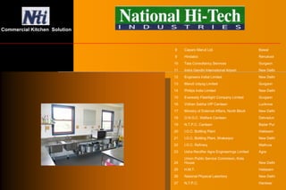 8 Caparo Maruti Ltd. Bawal
9 Hindalco Renukoot
10 Tata Consultancy Services Gurgaon
11 Indra Gandhi International Airport New Delhi
12 Engineers Indial Limited New Delhi
13 Maruti Udyog Limited Gurgaon
14 Philips India Limited New Delhi
15 Eveready Flashlight Company Limited Gurgaon
16 Vidhan Sabha VIP Canteen Lucknow
17 Ministry of External Affairs, North Block New Delhi
18 O.N.G.C. Welfare Canteen Dehradun
19 N.T.P.C. Canteen Badar Pur
20 I.O.C. Bottling Plant Haldwani
21 I.O.C. Bottling Plant, Shakarpur New Delhi
22 I.O.C. Refinery Mathura
23 Usha Rectifier Agra Engineerings Limited Agra
24
Union Public Service Commison, Kota
House New Delhi
25 H.M.T. Haldwani
26 National Physical Labortory New Delhi
27 N.T.P.C. Hardwar
Commercial Kitchen Solution
 