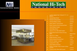 9
Lucknow Jagjiwan Ram Training R. P. F. ( 6
Messes ) Lucknow
10 Varanasi Base Kitchen Varanasi
11 Varanasi Vending Kitchen Varanasi
12 Varanasi Railway Canteen Varanasi
13 Kanpur Electric Training School Kanpur
14 Kanpur Guards & Drivers Running Room. Kanpur
15 Jhansi Railway Hospital Jhansi
16 Jhansi Base Kithcen Jhansi
17 Jhansi D. R. M. Office Staff Canteen Jhansi
18
Mughal Sarai Guards & Drivers Running
Room Mughal Sarai
19 Hapur R. P. F. Mess Hapur
20 Bridge Workshop Lucknow Lucknow
21 Drivers & Gaurds Running Room Tundla
22 R.D.S.O. Canteen, Lucknow Lucknow
23 Lucknow R.P.F. Mess Lucknow
24 Jhansi Railway Workshop Jhansi
25
Railway Controller of Store Canteen & Mess,
Lucknow Lucknow
26 Lucknow D.R.M. Office Staff Canteen Lucknow
Commercial Kitchen Solution
 