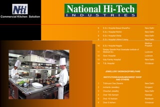 Commercial Kitchen Solution
6 E.S.I. Hospital Basai DharaPur New Delhi
7 E.S.I. Hospital Rohini New Delhi
8 E.S.I. Hospital Okhla New Delhi
9 E.S.I. Hospital Jhilmil Colony New Delhi
10 E.S.I. Hospital Nagda
Madhya
Pradesh
11
Sanjay Gandhi Post Graduate Institute of
Medical Sci. Lucknow
12 Govt. Hospital Lucknow
13 holy Family Hospital New Delhi
14 T.B. Hospital Vrindavan
JEWELLERY WORKSHOP/WELFARE
INSTITUTIONS/ASHRAMS/SWEET SHOP
AND OTHERS
1 Tribhuavn Das Zaverie New Delhi
2 Inchante Jewellery Gurgaon
3 Chauhan Jewellry New Delhi
4 Over 150 Ashram Hardwar
5 Over 10 Ashram Rishikesh
6 Over 5 Asham Vrindavan
 