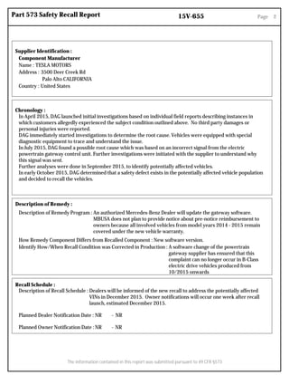 Part 573 Safety Recall Report 15V-655 Page 2
The information contained in this report was submitted pursuant to 49 CFR §573
Supplier Identification :
Component Manufacturer
Name : TESLA MOTORS
Address : 3500 Deer Creek Rd
Palo Alto CALIFORNIA
Country : United States
Chronology :
In April 2015, DAG launched initial investigations based on individual field reports describing instances in
which customers allegedly experienced the subject condition outlined above. No third party damages or
personal injuries were reported.
DAG immediately started investigations to determine the root cause. Vehicles were equipped with special
diagnostic equipment to trace and understand the issue.
In July 2015, DAG found a possible root cause which was based on an incorrect signal from the electric
powertrain gateway control unit. Further investigations were initiated with the supplier to understand why
this signal was sent.
Further analyses were done in September 2015, to identify potentially affected vehicles.
In early October 2015, DAG determined that a safety defect exists in the potentially affected vehicle population
and decided to recall the vehicles.
Description of Remedy :
Description of Remedy Program : An authorized Mercedes-Benz Dealer will update the gateway software.
MBUSA does not plan to provide notice about pre-notice reimbursement to
owners because all involved vehicles from model years 2014 - 2015 remain
covered under the new vehicle warranty.
How Remedy Component Differs from Recalled Component : New software version.
Identify How/When Recall Condition was Corrected in Production : A software change of the powertrain
gateway supplier has ensured that this
complaint can no longer occur in B-Class
electric drive vehicles produced from
10/2015 onwards
Recall Schedule :
Description of Recall Schedule : Dealers will be informed of the new recall to address the potentially affected
VINs in December 2015. Owner notifications will occur one week after recall
launch, estimated December 2015.
Planned Dealer Notification Date : NR - NR
Planned Owner Notification Date :NR - NR
 