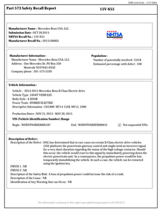 OMB Control No.: 2127-0004
Part 573 Safety Recall Report 15V-655
The information contained in this report was submitted pursuant to 49 CFR §573
Manufacturer Name : Mercedes-Benz USA, LLC.
Submission Date : OCT 26,2015
NHTSA Recall No. : 15V-655
Manufacturer Recall No. : 2015100005
Manufacturer Information :
Manufacturer Name : Mercedes-Benz USA, LLC.
Address : One Mercedes Dr, PO Box 350
Montvale NJ 07645-0350
Company phone : 201-573-5339
Number of potentially involved : 2,618
Population :
Estimated percentage with defect : 100
Vehicle Information :
Vehicle : 2014-2015 Mercedes-Benz B-Class Electric drive
Vehicle Type : LIGHT VEHICLES
Body Style : 4-DOOR
Power Train : HYBRID ELECTRIC
Descriptive Information : 242.890 MY14 1528, MY15, 1090
Production Dates : NOV 21, 2013 -MAY 26, 2015
VIN (Vehicle Identification Number) Range
Begin : WDDVP9AB0EJ000187 End : WDDVP9ABXFJ006810 Not sequential VINs✔
Description of Defect :
Description of the Defect : DAG has determined that in rare cases on certain B-Class electric drive vehicles
(242 platform) the powertrain gateway control unit might send an incorrect signal
for a very short duration regarding the status of the high voltage contactor. Should
this occur, the vehicle would react to this signal by immediately powering down the
electric powertrain unit. As a consequence, the propulsion power would be lost,
temporarily immobilizing the vehicle. In such a case, the vehicle can be restarted
using the ignition key.
FMVSS 1 :NR
FMVSS 2 :NR
Description of the Safety Risk :A loss of propulsion power could increase the risk of a crash.
Description of the Cause : NR
Identification of Any Warning that can Occur : NR
 