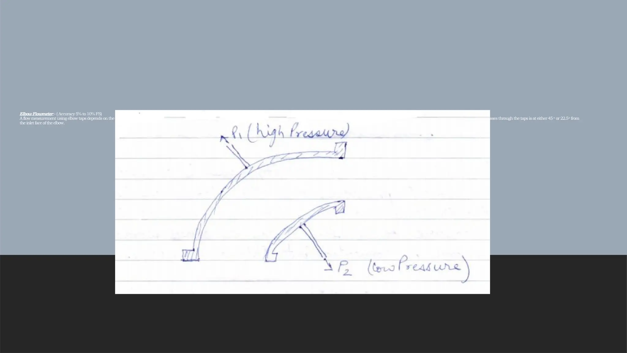 Elbow Flowmeter:- ( Accuracy 5% to10%FS)
A flowmeasurement using elbow taps depends on the detection of the differential pressure developedby centrifugalforce as the directionsof fluidflowischangedin apipe elbow. Tapsare locatedon the inner andouter radii in the plane oftheelbow;the diameter which passesthrough the taps is at either 45 o
or 22.5o
from
the inlet face oftheelbow.
 