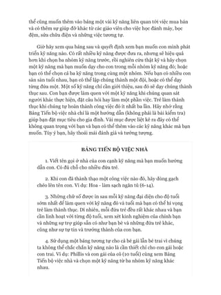 thể cũng muốn thêm vào bảng một vài kỹ năng liên quan tói việc mua bán
và có thêm sự giúp đỡ khác từ các giáo viên cho việc học đánh máy, bọc
đệm, sửa chữa điện và những việc tưong tự.
Giờ hãy xem qua bảng sau và quyết định xem bạn muốn con mình phát
triển kỹ năng nào. Có rất nhiều kỹ năng đưực đưa ra, nhưng sẽ hiệu quả
hon khi chọn ba nhóm kỹ năng trước, rồi nghiên cứu thật kỹ và hãy chọn
một kỹ năng mà bạn muốn dạy cho con trong mỗi nhóm kỹ năng đó; hoặc
bạn có thể chọn cả ba kỹ năng trong cùng một nhóm. Nếu bạn có nhiều con
sàn sàn tuổi nhau, bạn có thể lập chúng thành một đội, hoặc có thể dạy
từng đứa một. Một số kỹ năng chỉ cần giói thiệu, sau đó sẽ dạy chúng thành
thục sau. Con bạn được làm quen vói một kỹ năng khi chúng quan sát
ngưòi khác thực hiện, đặt câu hỏi hay làm một phần việc. Trẻ làm thành
thục khi chúng tự hoàn thành công việc đó ít nhất ba lần. Hãy nhớ rằng
Bảng Tiến bộ việc nhà chỉ là một hướng dẫn (không phải là bài kiểm tra)
giúp bạn đặt mục tiêu cho gia đình. Vài mục đưực liệt kê ra đây có thể
không quan trọng vói bạn và bạn có thể thêm vào các kỹ năng khác mà bạn
muốn. Tùy ý bạn, hãy thoải mái đánh giá và tưởng tưựng.
BẢNG TIẾN BỘ VIỆC NHÀ
1. Viết tên gọi ở nhà của con cạnh kỹ năng mà bạn muốn hướng
dẫn con. Có đủ chỗ cho nhiều đứa trẻ.
2. Khi con đã thành thạo một công việc nào đó, hãy dùng gạch
chéo lên tên con. Ví dụ: Hoa - làm sạch ngăn tủ (6-14).
3. Những chữ số đưực in sau mỗi kỹ năng đại diện cho độ tuổi
sóm nhất để làm quen vói kỹ năng đó và tuổi mà bạn có thể hi vọng
trẻ làm thành thục. Dĩ nhiên, mỗi đứa trẻ đều rất khác nhau và bạn
cần linh hoạt vói từng độ tuổi, xem xét kinh nghiệm của chính bạn
và những sự trự giúp sẵn có như bạn bè và những đứa trẻ khác,
cũng như sự tự tin và trưởng thành của con bạn.
4. Sử dụng một bảng tưong tự cho cả bé gái lẫn bé trai vì chúng
ta không thể chắc chắn kỹ năng nào là cần thiết chỉ cho con gái hoặc
con trai. Ví dụ: Phillis và con gái của cô (10 tuổi) cùng xem Bảng
Tiến bộ việc nhà và chọn một kỹ năng từ ba nhóm kỹ năng khác
nhau.
 