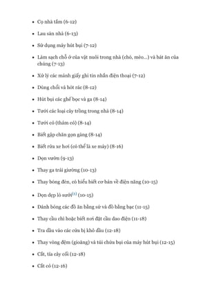 • Cọ nhà tắm (6-12)
• Lau sàn nhà (6-13)
• Sử dụng máy hút bụi (7-12)
• Làm sạch chỗ ở của vật nuôi trong nhà (chó, mèo...) và bát ăn của
chúng (7-13)
• Xử lý các mảnh giấy ghi tin nhắn điện thoại (7-12)
• Dùng chổi và hót rác (8-12)
• Hút bụi các ghế bọc và ga (8-14)
• Tưới các loại cây trồng trong nhà (8-14)
• Tưới cỏ (thảm cỏ) (8-14)
• Biết gập chăn gọn gàng (8-14)
• Biết rửa xe hoi (có thể là xe máy) (8-16)
• Dọn vườn (9-13)
• Thay ga trải giường (10-13)
• Thay bóng đèn, có hiểu biết cơ bản về điện năng (10-15)
• Dọn dẹp lò sưởi^ (10-15)
• Đánh bóng các đồ ăn bằng sứ và đồ bằng bạc (11-15)
• Thay cầu chì hoặc biết noi đặt cầu dao điện (11-18)
• Tra dầu vào các cửa bị khô dầu (12-18)
• Thay vòng đệm (gioăng) và túi chứa bụi của máy hút bụi (12-15)
• Cắt, tỉa cây cối (12-18)
• Cắt cỏ (12-16)
 