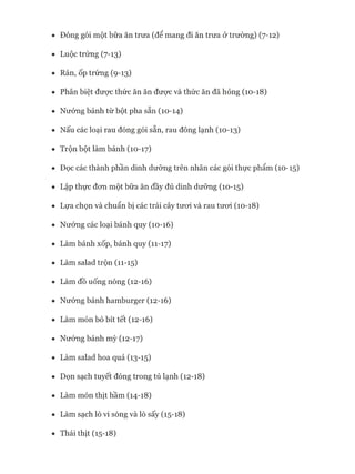 Đóng gói một bữa ăn trưa (để mang đi ăn trưa ở trường) (7-12)
Luộc trứng (7-13)
Rán, ốp trứng (9-13)
Phân biệt được thức ăn ăn đưực và thức ăn đã hỏng (10-18)
Nướng bánh từ bột pha sẵn (10-14)
Nấu các loại rau đóng gói sẵn, rau đông lạnh (10-13)
Trộn bột làm bánh (10-17)
Đọc các thành phần dinh dưỡng trên nhãn các gói thực phẩm (10-15)
Lập thực đon một bữa ăn đầy đủ dinh dưỡng (10-15)
Lựa chọn và chuẩn bị các trái cây tưoi và rau tưoi (10-18)
Nướng các loại bánh quy (10-16)
Làm bánh xốp, bánh quy (11-17)
Làm salad trộn (11-15)
Làm đồ uống nóng (12-16)
Nướng bánh hamburger (12-16)
Làm món bò bít tết (12-16)
Nướng bánh mỳ (12-17)
Làm salad hoa quả (13-15)
Dọn sạch tuyết đóng trong tủ lạnh (12-18)
Làm món thịt hầm (14-18)
Làm sạch lò vi sóng và lò sấy (15-18)
Thái thịt (15-18)
 
