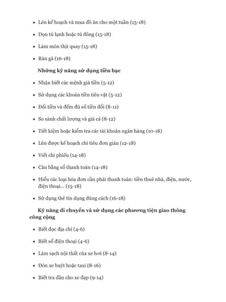 • Lên kế hoạch và mua đồ ăn cho một tuần (15-18)
• Dọn tủ lạnh hoặc tủ đông (15-18)
• Làm món thịt quay (15-18)
• Rán gà (16-18)
Những kỹ năng sử dụngtiềnbạc
• Nhận biết các mệnh giá tiền (5-12)
• Sử dụng các khoản tiền tiêu vặt (5-12)
• Đổi tiền và đếm đủ số tiền đổi (8-11)
• So sánh chất lưựng và giá cả (8-12)
• Tiết kiệm hoặc kiểm tra các tài khoản ngân hàng (10-18)
• Lên đưực kế hoạch chi tiêu đon giản (12-18)
• Viết chi phiếu (14-18)
• Cân bằng sổ thanh toán (14-18)
• Hiểu các loại hóa đon cần phải thanh toán: tiền thuê nhà, điện, nước,
điện thoại... (15-18)
• Sử dụng thẻ tín dụng đúng cách (16-18)
Kỹ năng di chuyển và sử dụng các phưomgtiện giao thông
công cộng
• Biết đọc địa chỉ (4-6)
• Biết số điện thoại (4-6)
• Làm sạch nội thất của xe hoi (8-14)
• Đón xe buýt hoặc taxi (8-16)
• Biết tra dầu cho xe đạp (9-14)
 