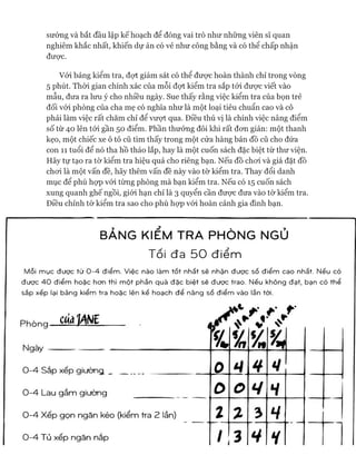 sướng và bắt đầu lập kế hoạch để đóng vai trò như những viên sĩ quan
nghiêm khắc nhất, khiến dự án có vẻ như công bằng và có thê chấp nhận
được.
Vói bảng kiểm tra, đợt giám sát có thể đưực hoàn thành chỉ trong vòng
5 phút. Thòi gian chính xác của mỗi đạt kiểm tra sắp tói đưực viết vào
mẫu, đưa ra lưu ý cho nhiều ngày. Sue thấy rằng việc kiểm tra của bọn trẻ
đối vói phòng của cha mẹ có nghĩa như là một loại tiêu chuẩn cao và cô
phải làm việc rất chăm chỉ để vưựt qua. Điều thú vị là chính việc nâng điểm
số từ 40 lên tói gần 50 điểm. Phần thưởng đôi khi rất đon giản: một thanh
kẹo, một chiếc xe ô tô cũ tìm thấy trong một cửa hàng bán đồ cũ cho đứa
con 11 tuổi để nó tha hồ tháo lắp, hay là một cuốn sách đặc biệt từ thư viện.
Hãy tự tạo ra tờ kiểm tra hiệu quả cho riêng bạn. Nếu đồ choi và giá đặt đồ
choi là một vấn đề, hãy thêm vấn đề này vào tờ kiểm tra. Thay đổi danh
mục để phù họp vói từng phòng mà bạn kiểm tra. Nếu có 15 cuốn sách
xung quanh ghế ngồi, giói hạn chỉ là 3 quyển cần được đưa vào tờ kiểm tra.
Điều chỉnh tờ kiểm tra sao cho phù họp vói hoàn cảnh gia đình bạn.
BẢNG KIỂM TRA PHÒNG NGỦ
Tối đa 5 0 điểm
Mỗi mục được từ 0-4 điểm. Việc nào làm tốt nhất sẽ nhận được số điểm cao nhất. Nếu có
được 40 điểm hoặc hơn thì một phần quà đặc biệt sẽ được trao. Nếu không đạt, bạn có thể
sắp xếp lại bảng kiểm tra hoặc lên kế hoạch để nâng số điểm vào lần tới.
Ph^nq Cíỉá 'ỊẠNĩ 0
r►
Không ị
X % % i
0 -4 SắD xếo aiườna Ồ V
0 -4 Lau gầm giường 0 0 V H
0 -4 Xếp gọn ngăn kéo (kiểm tra 2 lần) 1 3 H
0 -4 Tủ xếp ngăn nắp 1 3 4 i
 