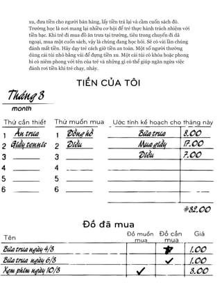 xu, đưa tiền cho người bán hàng, lấy tiền trả lại và cầm cuốn sách đó.
Trường học là noi mang lại nhiều cơ hội để trẻ thực hành trách nhiệm vói
tiền bạc. Khi trẻ đi mua đồ ăn trưa tại trường, tiêu trong chuyến đi dã
ngoại, mua một cuốn sách, vậy là chúng đang học hỏi. Sẽ có vài lần chúng
đánh mất tiền. Hãy dạy trẻ cách giữ tiền an toàn. Một số người thường
dùng cái túi nhỏ bằng vải để đựng tiền xu. Một cái túi có khóa hoặc phong
bì có niêm phong vói tên của trẻ và những gì có thể giúp ngăn ngừa việc
đánh roi tiền khi trẻ chạy, nhảy.
TIỀN CỦA TÔI
Tkángẵ
month
Thứ cần thiết
1 Ấu trua
2 đlầífteuuís
3 — -----
4 ______
5 ______
6 _________
Thứ m uốn mua
1 t ầ y h ỉ
2 t)íều
3 ______
4 ____
5 ______
6 _______
Uớc tính kế hoạch cho tháng này
Đồ đã mua
Tên
ĐỒ muốn
mua
Đồ cần
mua
Giá
3ữatruaH #àíf 4 / 3
1p 1.00
Bữatruauaầiiớ/3 y / 1 .0 0
X ệ/U p k m 1 0 / 3
✓ 3 .0 0
 