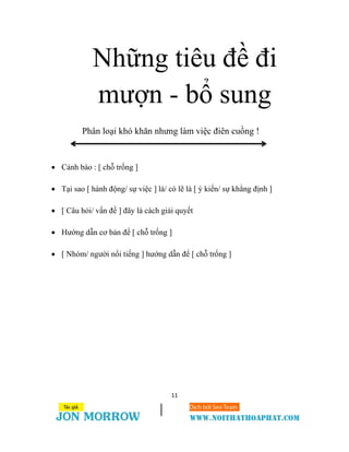 11
Những tiêu đề đi
mượn - bổ sung
Phân loại khó khăn nhưng làm việc điên cuồng !
 Cảnh báo : [ chỗ trống ]
 Tại sao [ hành động/ sự việc ] là/ có lẽ là [ ý kiến/ sự khẳng định ]
 [ Câu hỏi/ vấn đề ] đây là cách giải quyết
 Hướng dẫn cơ bản để [ chỗ trống ]
 [ Nhóm/ người nổi tiếng ] hướng dẫn để [ chỗ trống ]
 