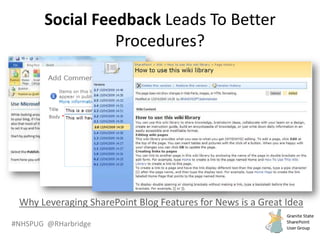 #NHSPUG @RHarbridge
Social Feedback Leads To Better
Procedures?
Why Leveraging SharePoint Blog Features for News is a Great Idea
 