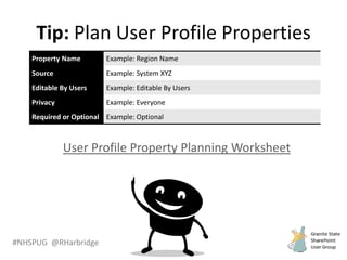 #NHSPUG @RHarbridge
Tip: Plan User Profile Properties
Property Name Example: Region Name
Source Example: System XYZ
Editable By Users Example: Editable By Users
Privacy Example: Everyone
Required or Optional Example: Optional
User Profile Property Planning Worksheet
 