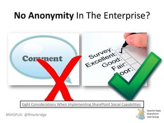 #NHSPUG @RHarbridge
No Anonymity In The Enterprise?
Eight Considerations When Implementing SharePoint Social Capabilities
 