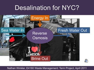 Desalination for NYC? Energy In Sea Water In Fresh Water Out Reverse  Osmosis Brine Out Nathan Winkler, E4160 Waste Management: Term Project, April 2011 