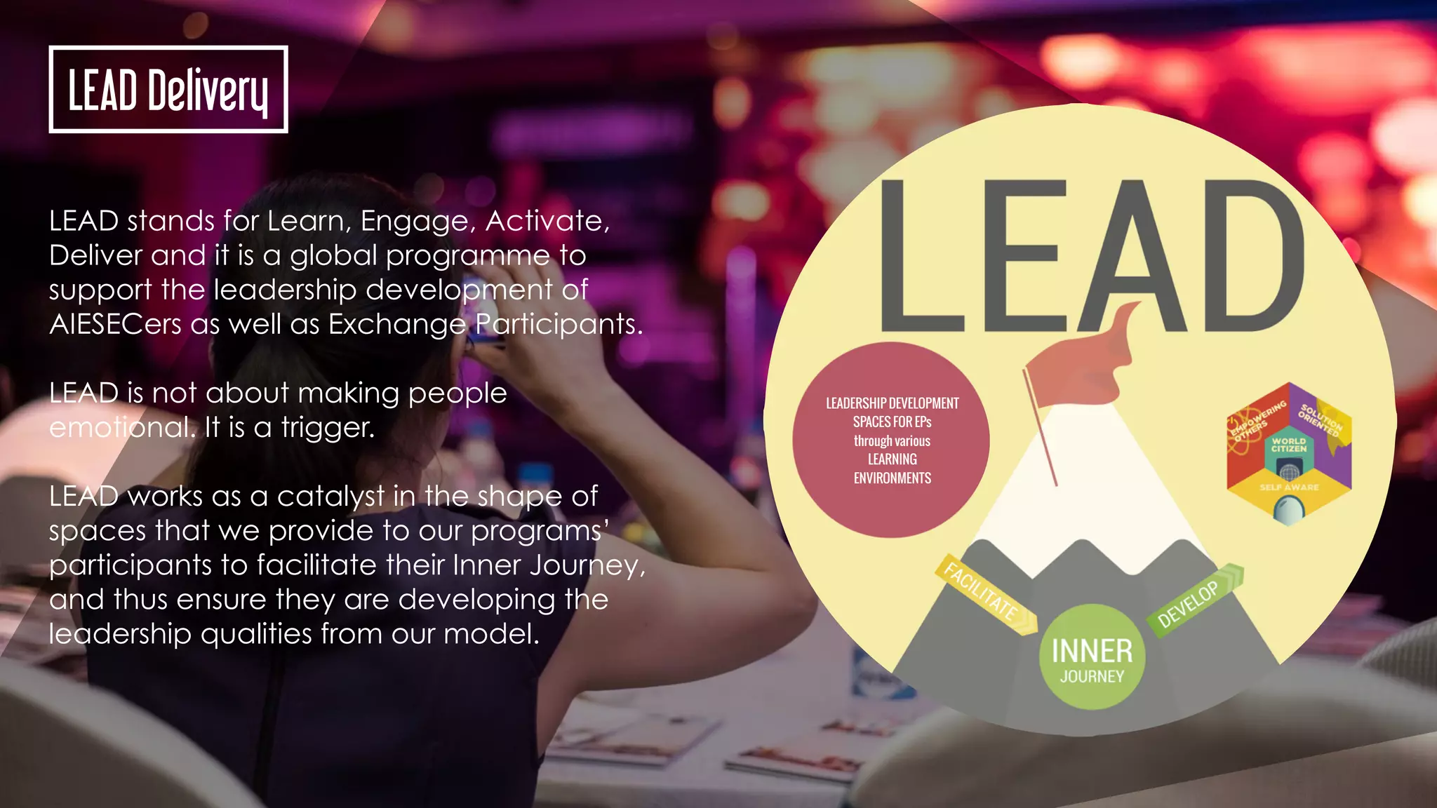 LEAD Delivery
LEADERSHIP DEVELOPMENT
SPACES FOR EPs
through various
LEARNING
ENVIRONMENTS
LEAD stands for Learn, Engage, Activate,
Deliver and it is a global programme to
support the leadership development of
AIESECers as well as Exchange Participants.
LEAD is not about making people
emotional. It is a trigger.
LEAD works as a catalyst in the shape of
spaces that we provide to our programs’
participants to facilitate their Inner Journey,
and thus ensure they are developing the
leadership qualities from our model.
 