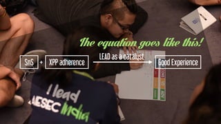 According to The AIESEC Way
We believe that LEADERSHIP
is the fundamental solution.
As AIESEC, we enable young people
to develop their LEADERSHIP.
This LEADERSHIP we develop is based on 4 qualities:
Empowering Others, Solution Oriented,
Self Aware & World Citizen.
SnS XPP adherence+
LEAD as a catalyst
Good Experience
The equation goes like this!
 